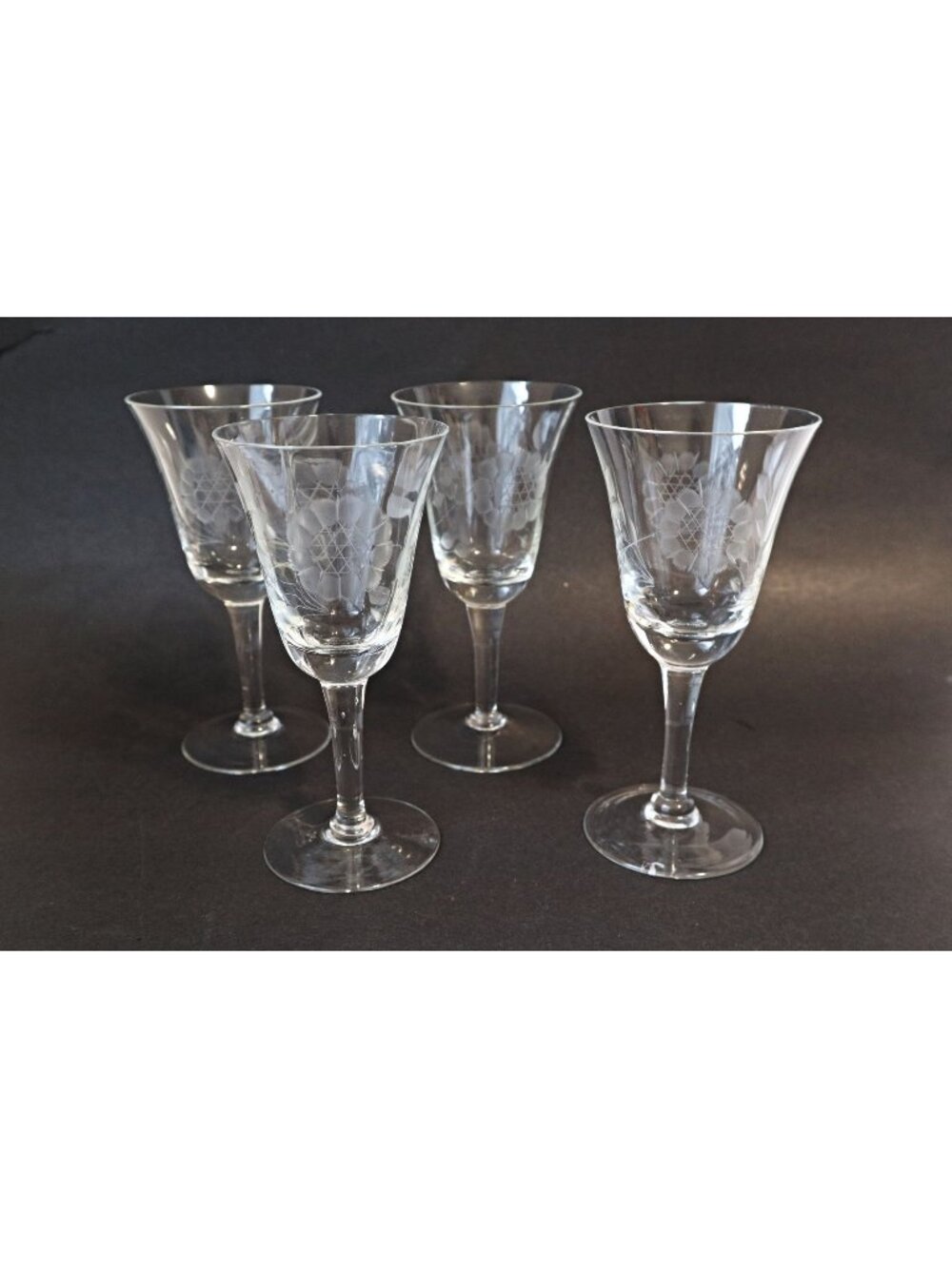 4 Vintage Cornflower Footed Etched Tumblers Wine Glasses Barware
